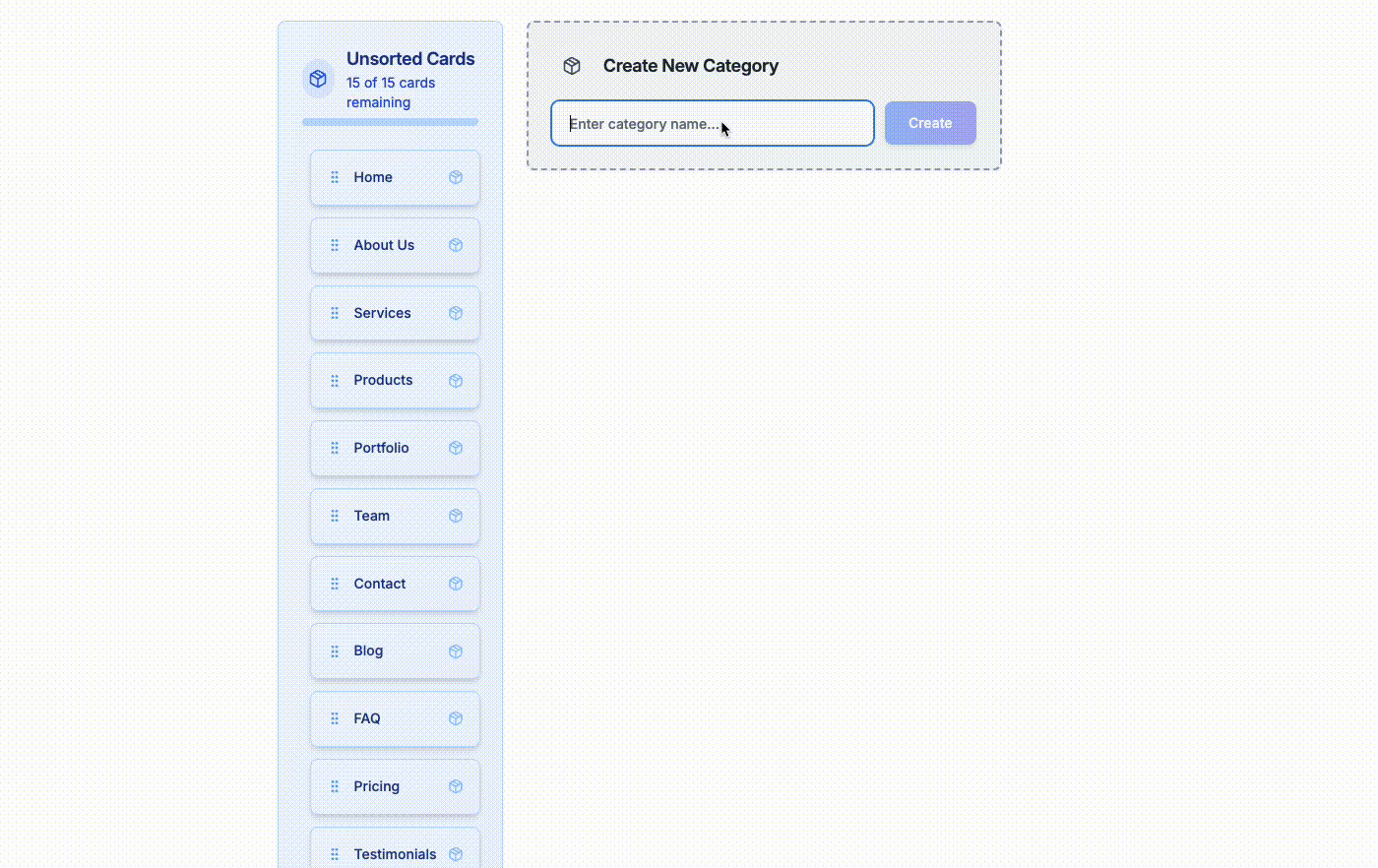 Free card sorting tool demo - UX researchers dragging cards into categories for information architecture testing and navigation optimization